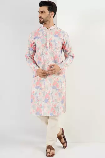 Men off white viscose rayon abstract embroidered straight kurta with pant set