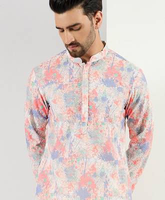 Men off white viscose rayon abstract embroidered straight kurta with pant set 3