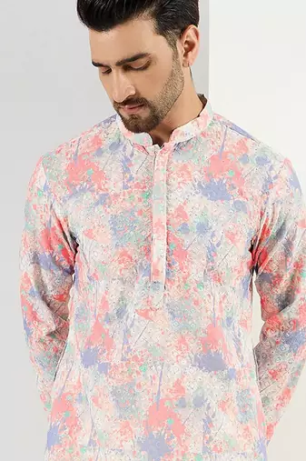Men off white viscose rayon abstract embroidered straight kurta with pant set