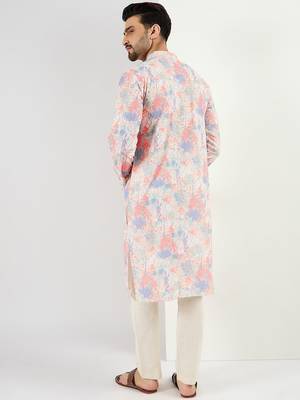 Men off white viscose rayon abstract embroidered straight kurta with pant set 4
