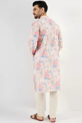 Men off white viscose rayon abstract embroidered straight kurta with pant set