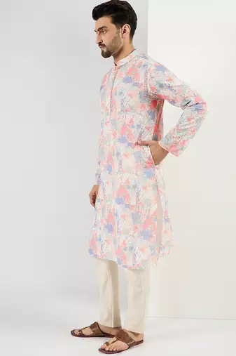 Men off white viscose rayon abstract embroidered straight kurta with pant set
