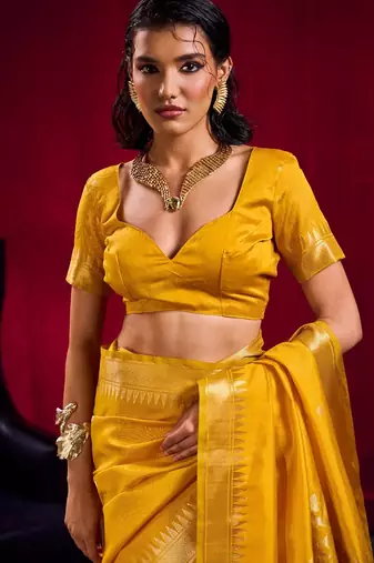 Yellow satin linen weaving silk blend saree with matching blouse  elegant daily & casual wear