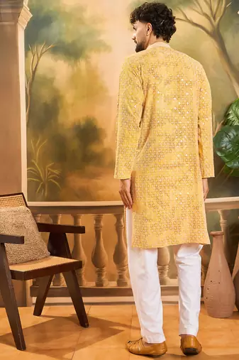Men yellow viscose rayon shibori embroidered straight kurta with trouser