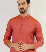 Men orange cotton solid woven design straight kurta with pant set