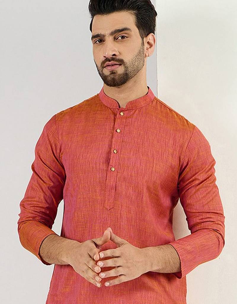 Men orange cotton solid woven design straight kurta with pant set