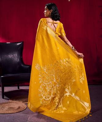 Yellow satin linen weaving silk blend saree with matching blouse elegant daily & casual wear 4