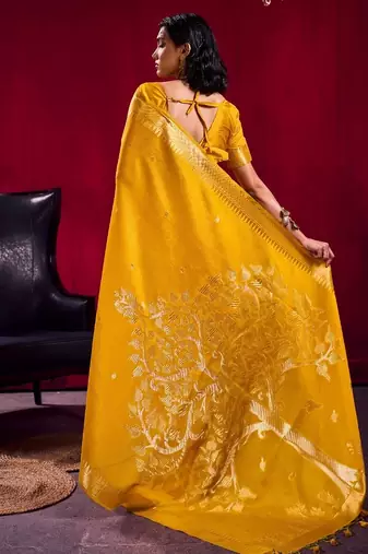 Yellow satin linen weaving silk blend saree with matching blouse  elegant daily & casual wear