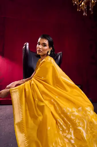 Yellow satin linen weaving silk blend saree with matching blouse  elegant daily & casual wear
