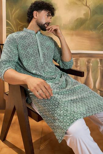 Men green viscose rayon shibori embroidered straight kurta with trouser