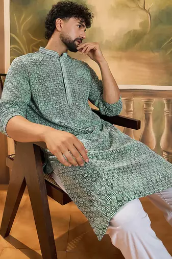 Men green viscose rayon shibori embroidered straight kurta with trouser