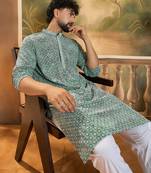 Men green viscose rayon shibori embroidered straight kurta with trouser