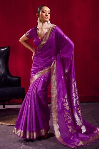 Purple satin linen handloom weaving silk saree with matching blouse     elegant daily & casual wear