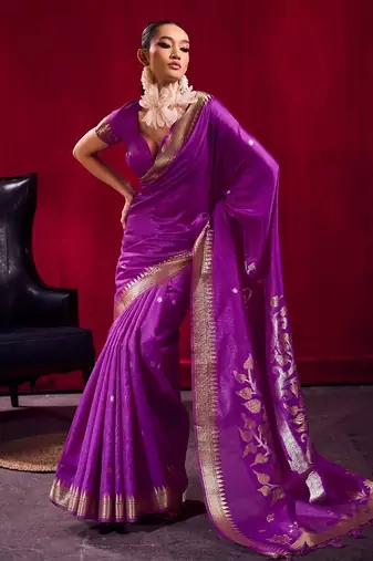 Purple satin linen handloom weaving silk saree with matching blouse – elegant daily & casual wear