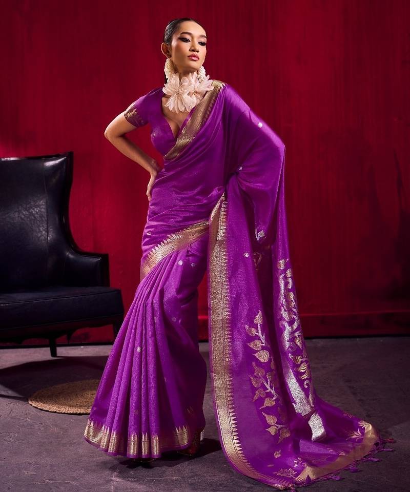 Purple satin linen handloom weaving silk saree with matching blouse      daily & casual wear