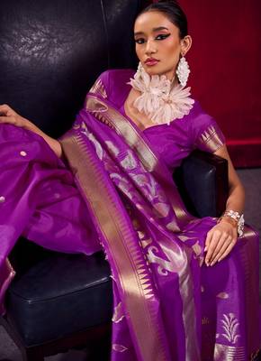 Purple satin linen weaving silk blend saree with matching blouse elegant daily & casual wear 2