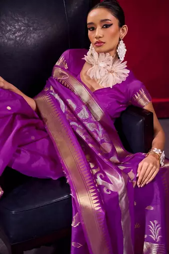 Purple satin linen weaving silk blend saree with matching blouse  elegant daily & casual wear