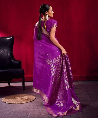 Purple satin linen weaving silk blend saree with matching blouse elegant daily & casual wear 3