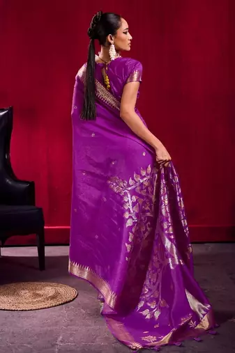 Purple satin linen weaving silk blend saree with matching blouse  elegant daily & casual wear