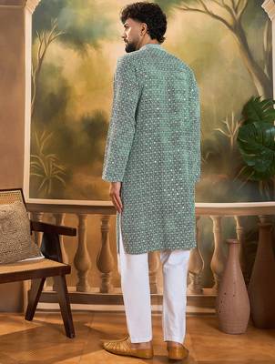 Men green viscose rayon shibori embroidered straight kurta with trouser 4