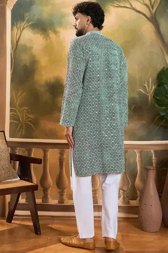 Men green viscose rayon shibori embroidered straight kurta with trouser