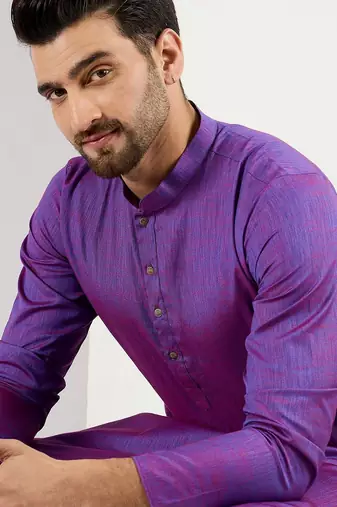 Men purple cotton solid woven design straight kurta with pant set