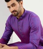 Men purple cotton solid woven design straight kurta with pant set