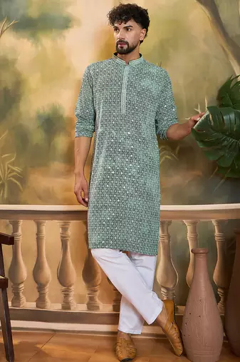 Men green viscose rayon shibori embroidered straight kurta with trouser