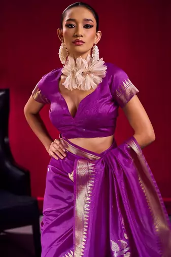 Purple satin linen weaving silk blend saree with matching blouse  elegant daily & casual wear