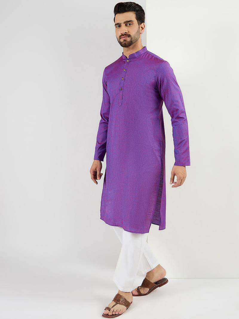 Men purple cotton solid woven design straight kurta with pant set