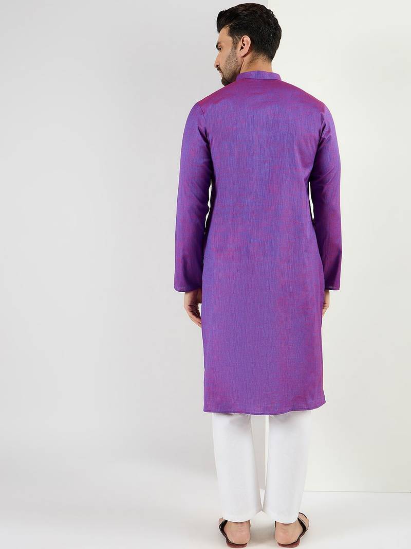 Men purple cotton solid woven design straight kurta with pant set