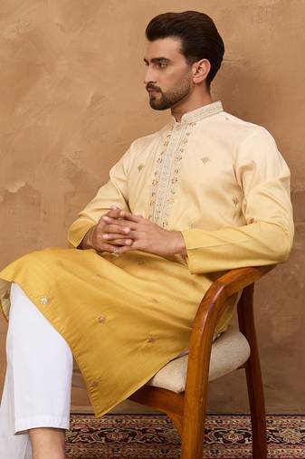 Men yellow silk blend solid embroidered straight kurta with pant set