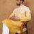 Men yellow silk blend solid embroidered straight kurta with pant set