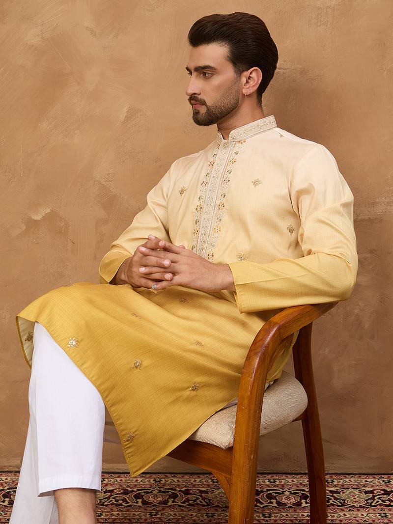 Men yellow silk blend solid embroidered straight kurta with pant set