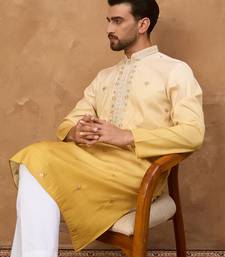 Men yellow silk blend solid embroidered straight kurta with pant set
