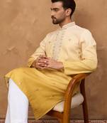 Men yellow silk blend solid embroidered straight kurta with pant set