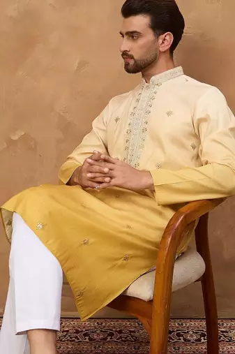 Men yellow silk blend solid embroidered straight kurta with pant set
