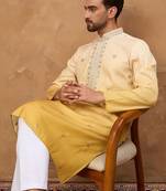 Men yellow silk blend solid embroidered straight kurta with pant set