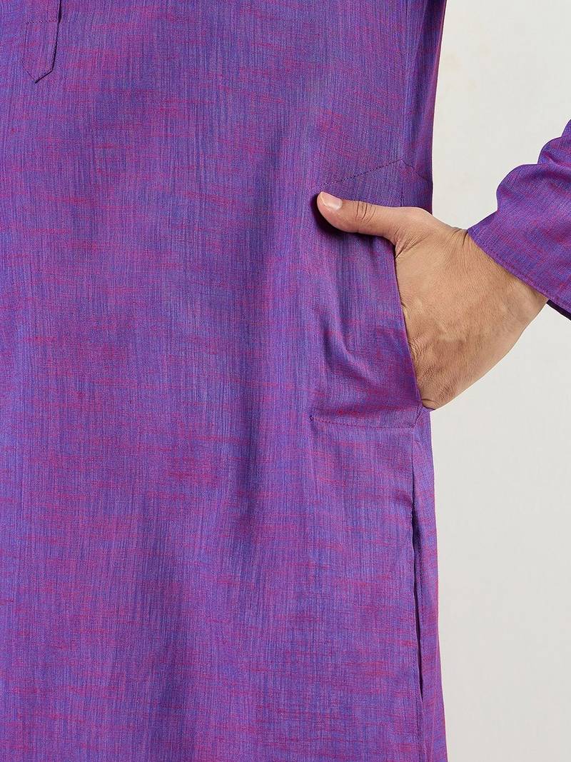 Men purple cotton solid woven design straight kurta with pant set