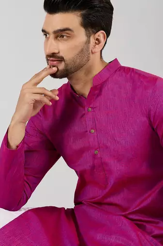 Men pink cotton solid woven design straight kurta with pant set