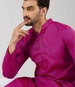 Men pink cotton solid woven design straight kurta with pant set