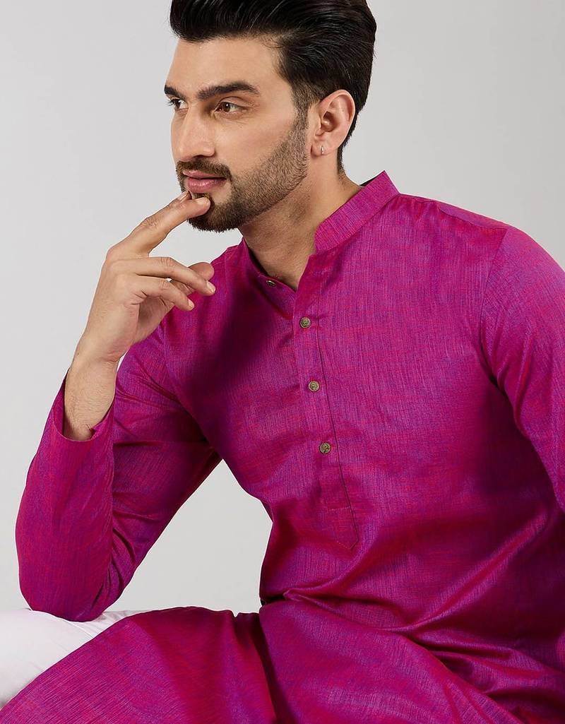 Men pink cotton solid woven design straight kurta with pant set