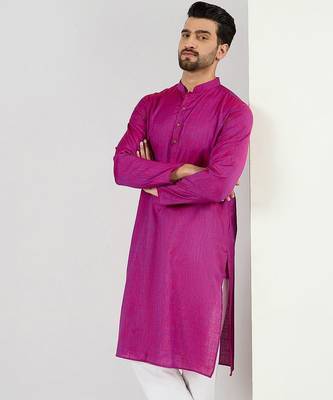Men pink cotton solid woven design straight kurta with pant set 2