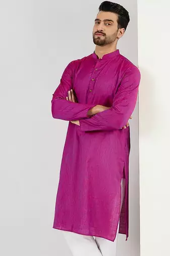 Men pink cotton solid woven design straight kurta with pant set