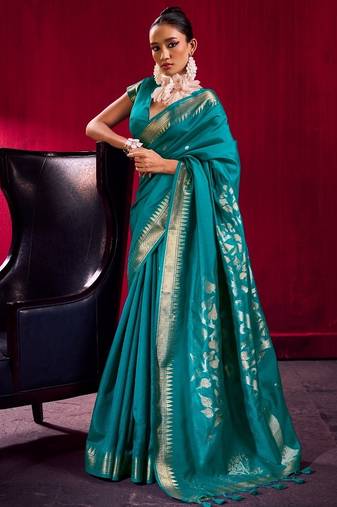Teal satin linen handloom weaving silk saree with matching blouse     elegant daily & casual wear