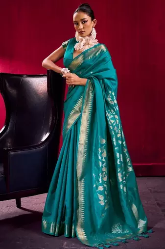 Teal satin linen handloom weaving silk saree with matching blouse – elegant daily & casual wear