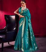 Teal satin linen weaving silk blend saree with matching blouse  elegant daily & casual wear