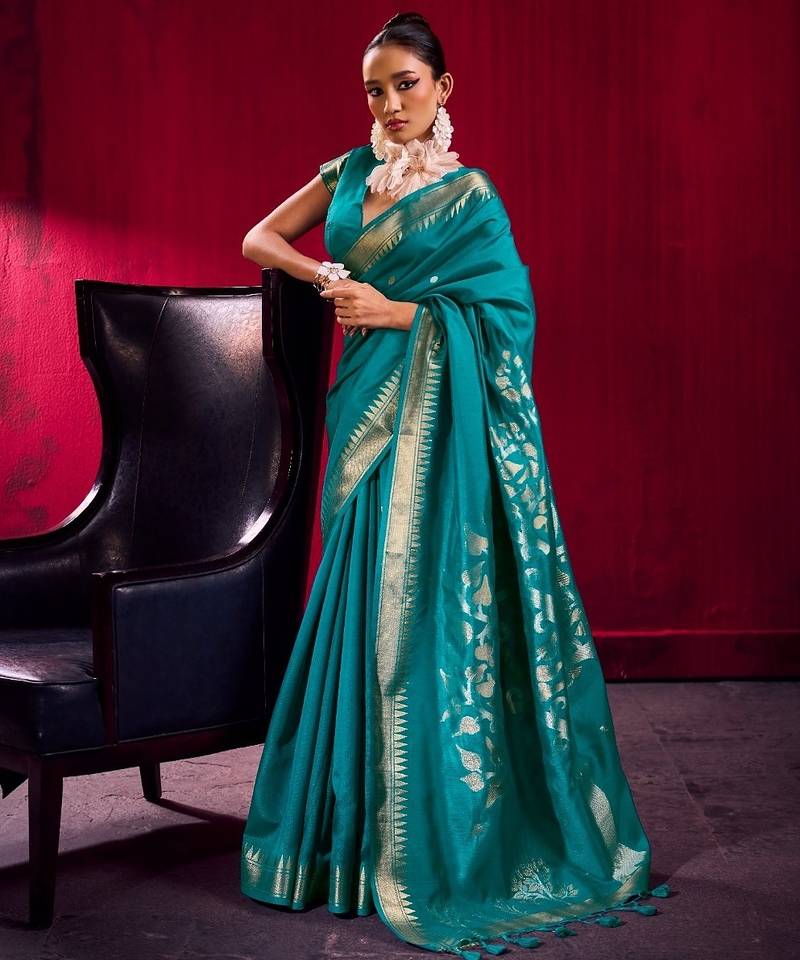 Teal satin linen handloom weaving silk saree with matching blouse      daily & casual wear