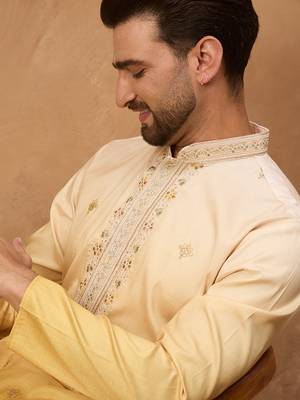 Men yellow silk blend solid embroidered straight kurta with pant set 2