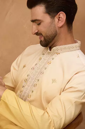 Men yellow silk blend solid embroidered straight kurta with pant set